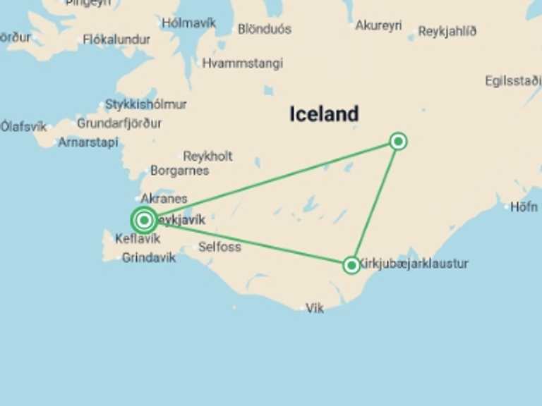 Map itinerary of Reykjavik Tour in Winter with 4 destination visits for the trip: Geysers, Glaciers, & Golden Circle - 3 days