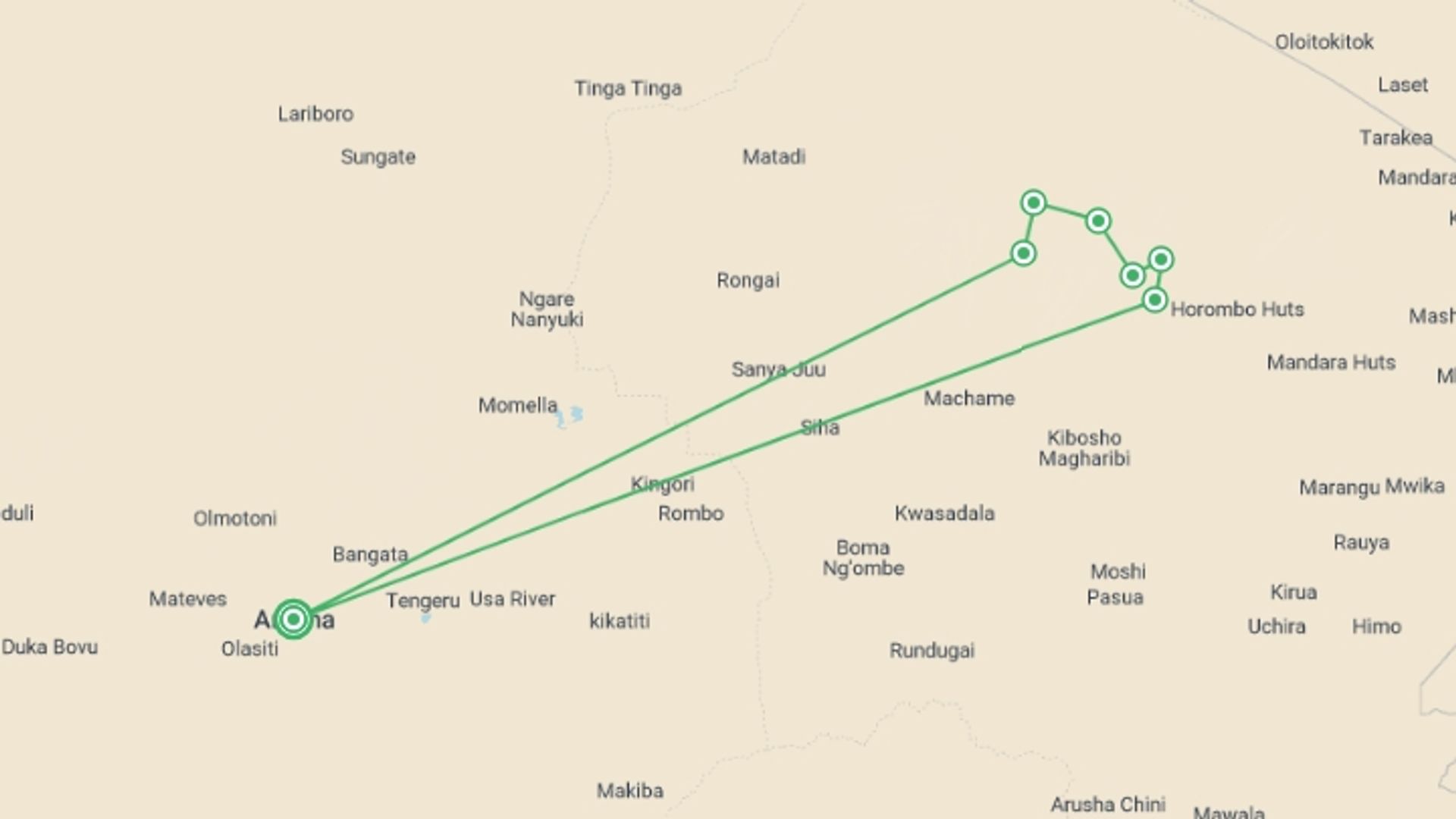 A map showing the tour itinerary for the trip: Kilimanjaro - Machame Route, starting in Arusha, Tanzania and ending in Arusha, Tanzania going through 6 other destinations.