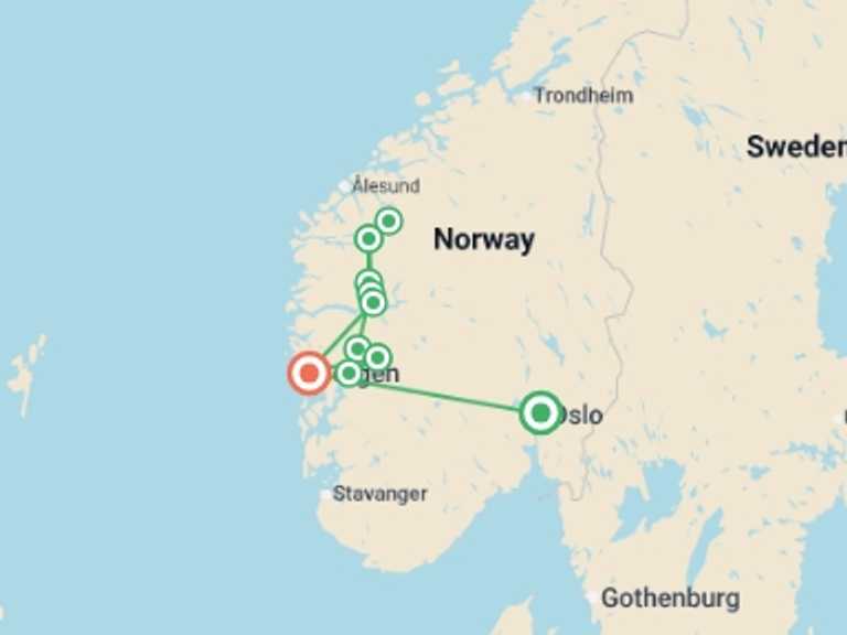 Map of Europe Explorer Tour with 6 destination visits for the trip: Norway: Fjords and Glaciers