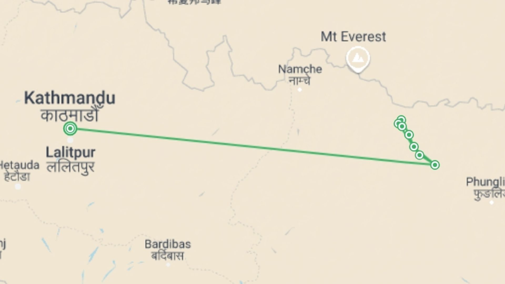 A map showing the tour itinerary for the trip: 14 Days Makalu Base Camp Trekking, starting in Kathmandu, Nepal and ending in Kathmandu, Nepal going through 8 other destinations.