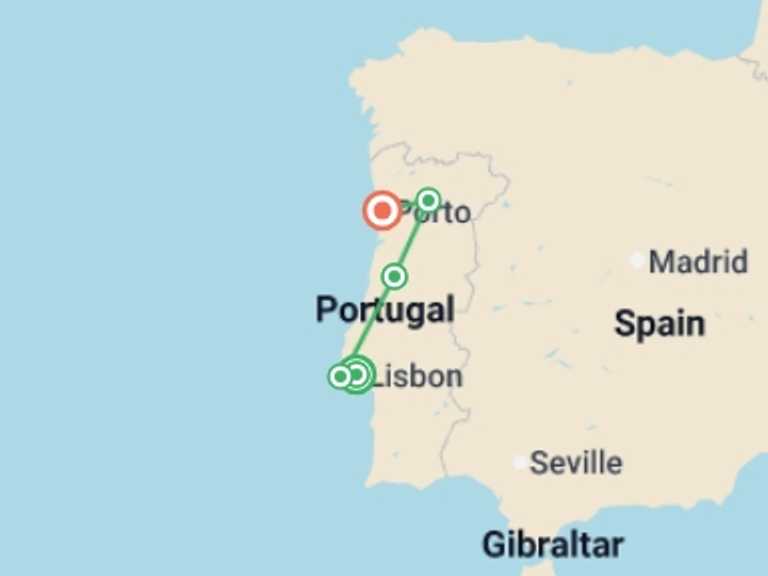 Map itinerary of Portugal Tour in May 2026 with 4 destination visits for the trip: Premium Portugal