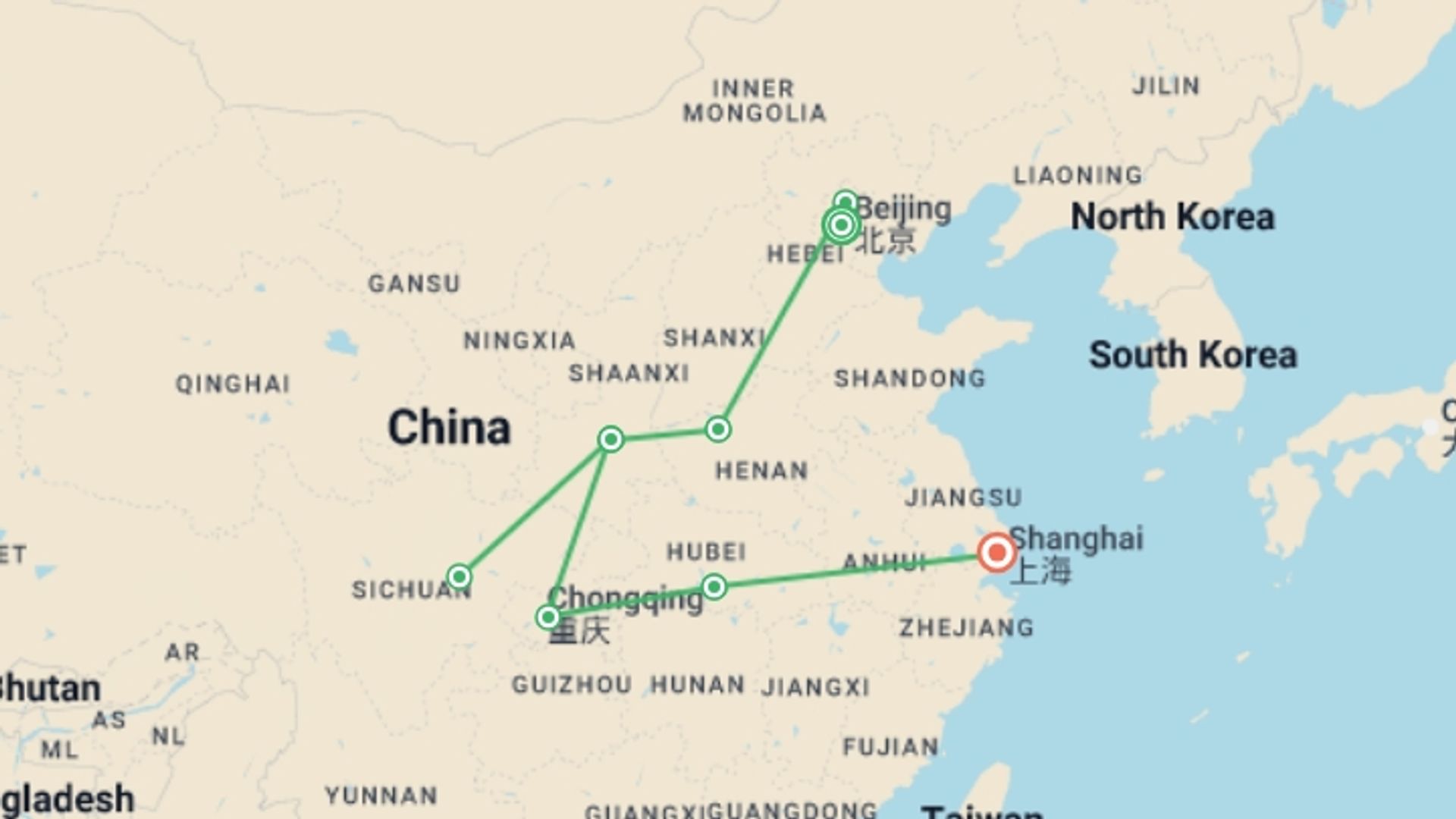 A map showing the tour itinerary for the trip: Yin and Yangtze - 15 days, starting in Beijing, China and ending in Shanghai, China going through 7 other destinations.