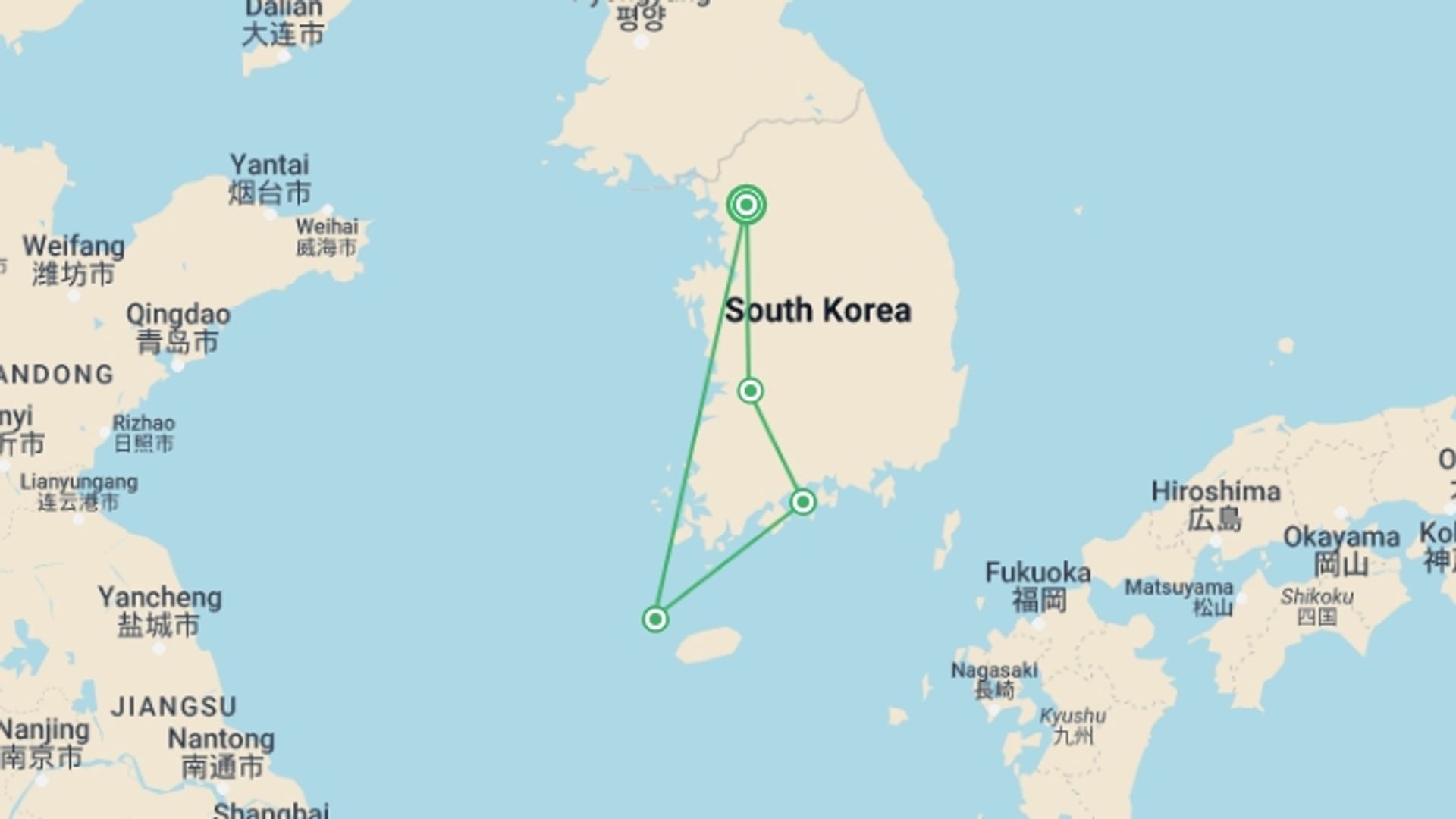 A map showing the tour itinerary for the trip: South Korea Explorer, starting in Seoul, South Korea and ending in Seoul, South Korea going through 3 other destinations.