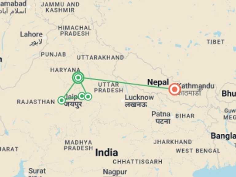 Map itinerary of Asia Tour in April 2027 with 5 destination visits for the trip: Wonders of India And Nepal