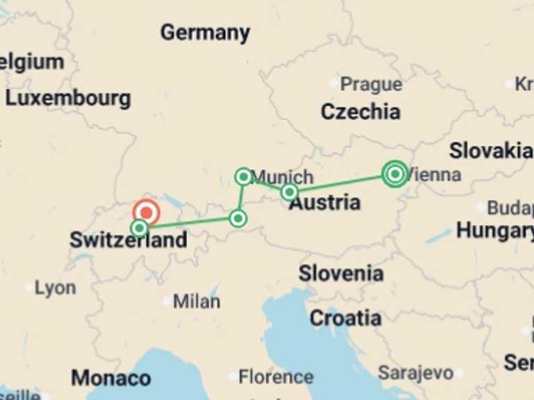 Map of Europe Tour with 6 destination visits for the trip: Country Roads of Bavaria, Switzerland & Austria