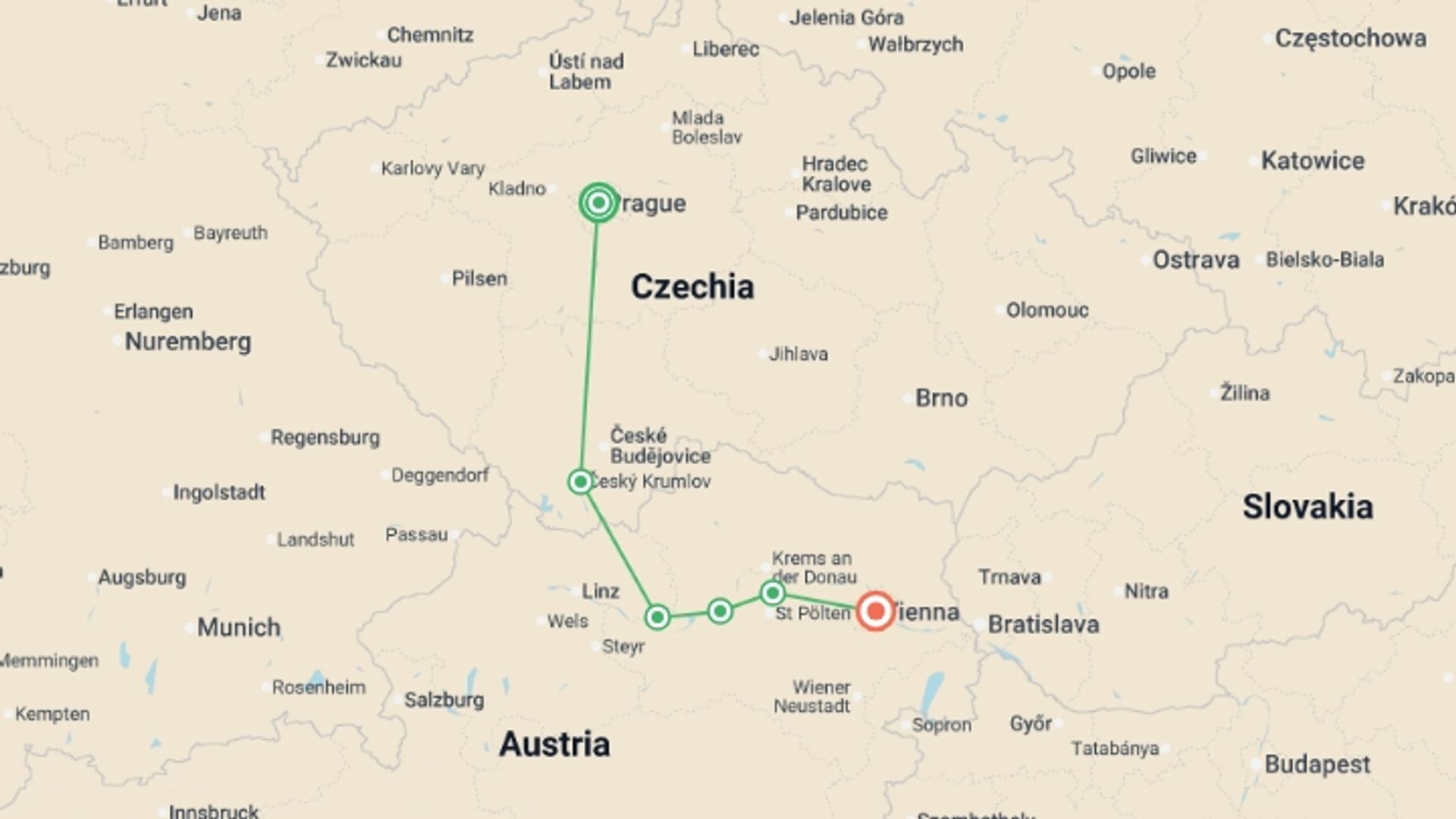 A map showing the tour itinerary for the trip: Cycle Prague to Vienna, starting in Prague, Czech Republic and ending in Vienna, Austria going through 4 other destinations.
