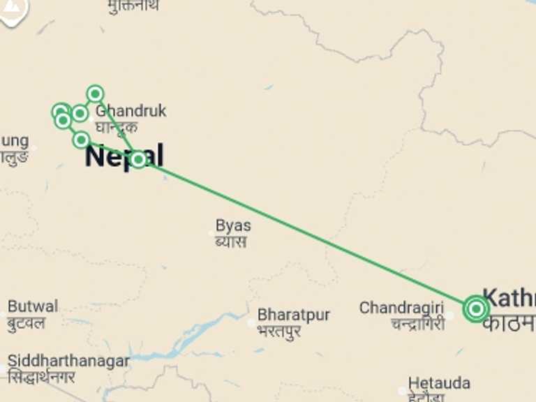 Map of Nepal Tour with 6 destination visits for the trip: Annapurna Trek in Comfort