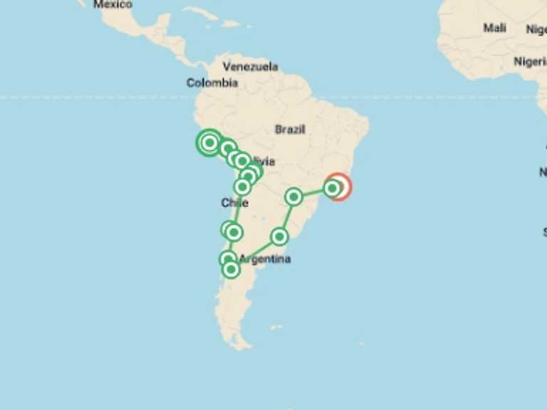 Map of Andes Tour with 20 destination visits for the trip: South America Discovery: Lima to Rio de Janeiro