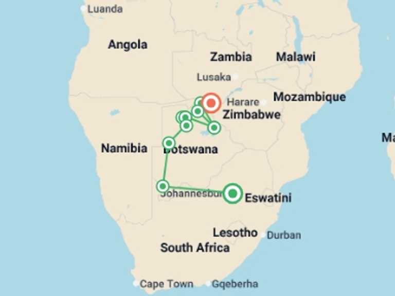 Map of a Wildlife Tour with 11 destination visits for the trip: Okavango & Chobe - 2026