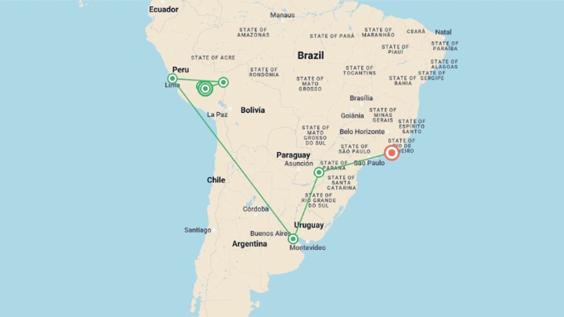 A map showing the tour itinerary for the trip: South American Explorer, starting in Cusco, Peru and ending in Rio de Janeiro, Brazil going through 6 other destinations.