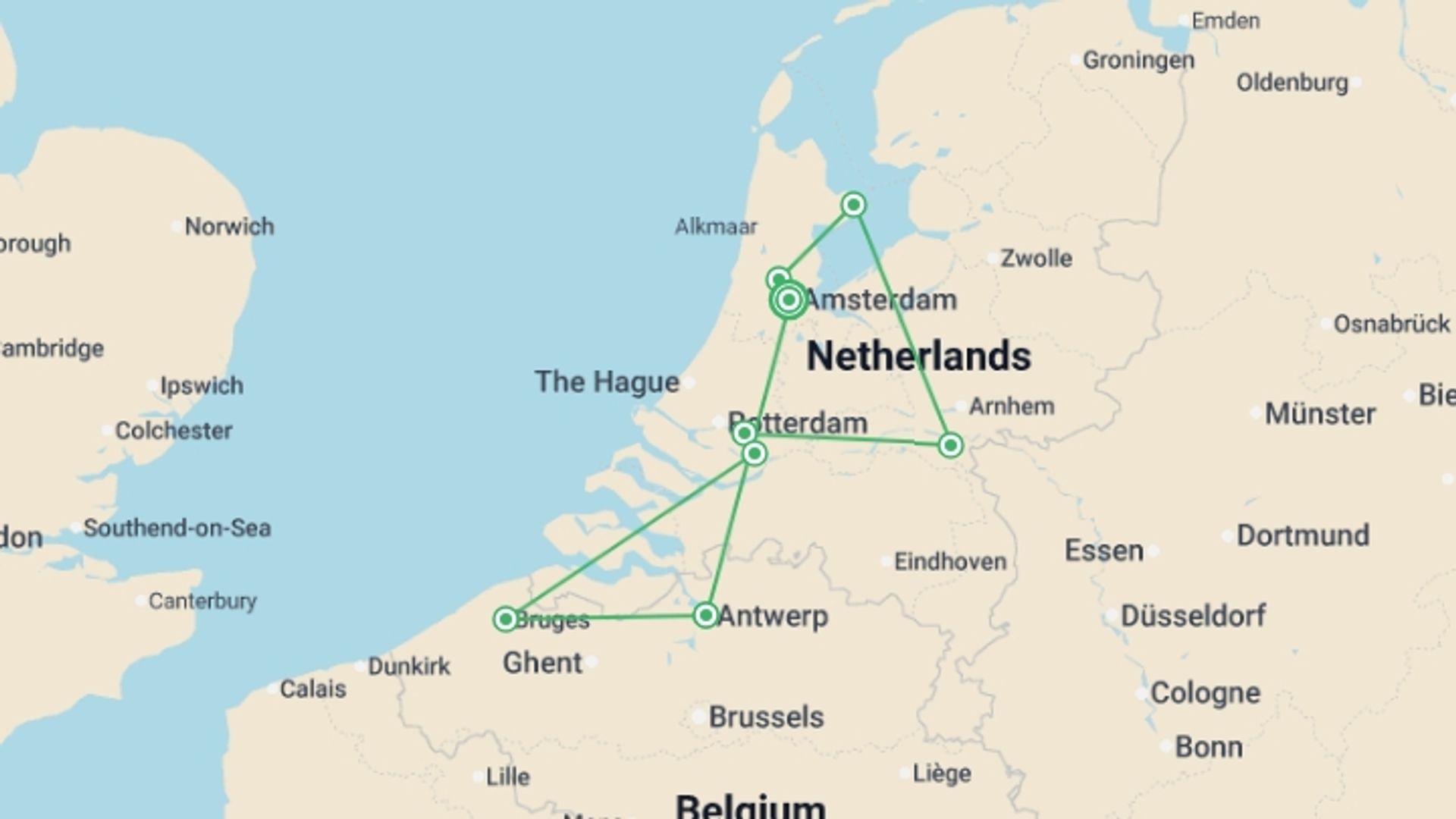 A map showing the tour itinerary for the trip: Tulips & Windmills (2027), starting in Amsterdam, Holland and ending in Amsterdam, Holland going through 7 other destinations.
