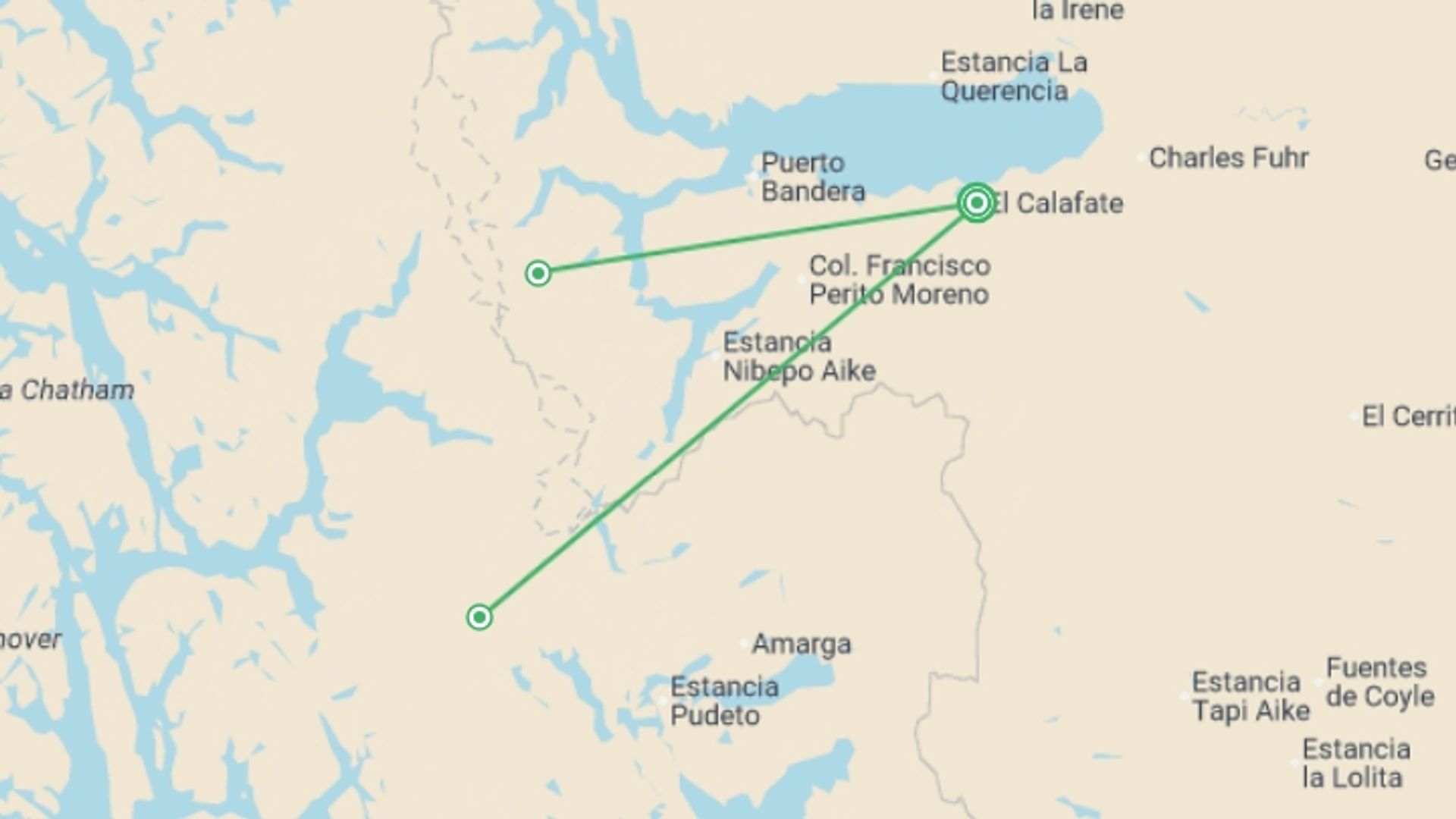A map showing the tour itinerary for the trip: El Calafate & Torres del Paine Adventure 5D/4N, starting in El Calafate, Argentina and ending in El Calafate, Argentina going through 0 other destinations.