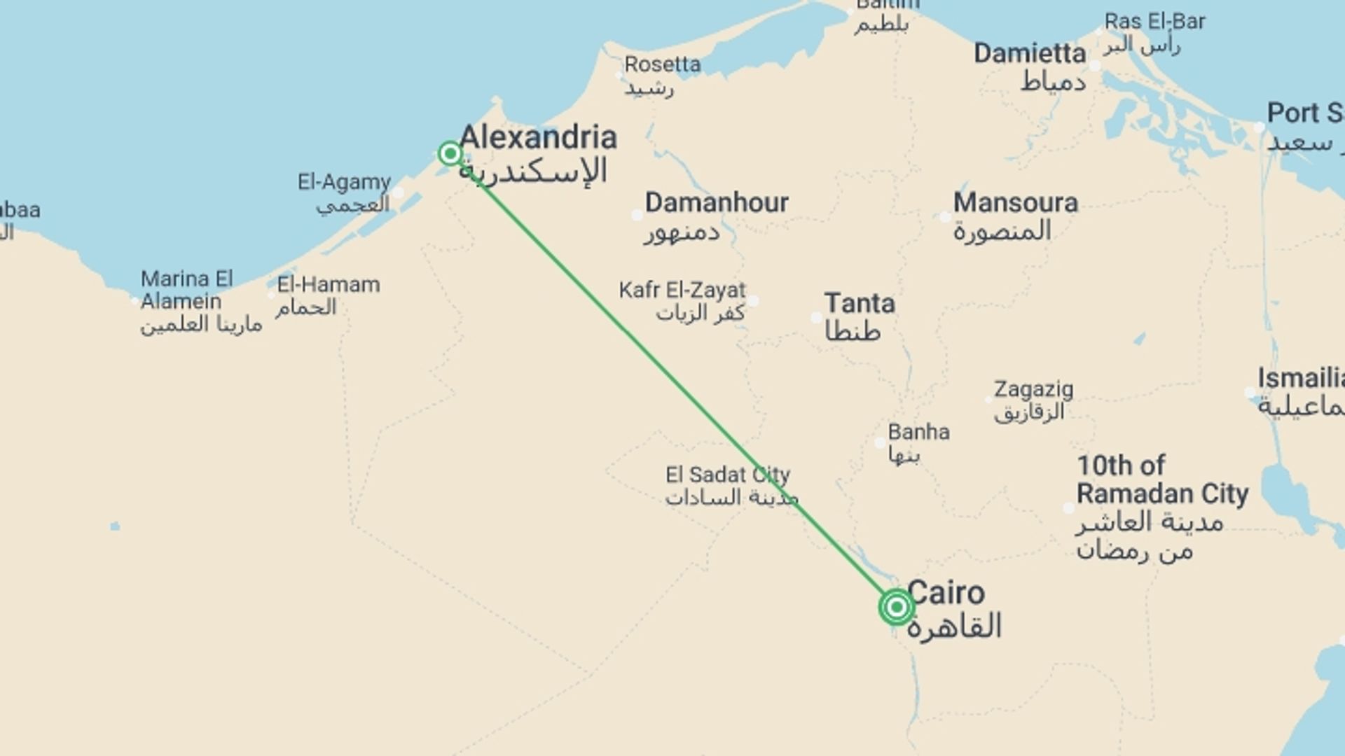A map showing the tour itinerary for the trip: Cairo & Alexandria Uncovered - 6 days, starting in Cairo, Egypt and ending in Cairo, Egypt going through 1 other destinations.