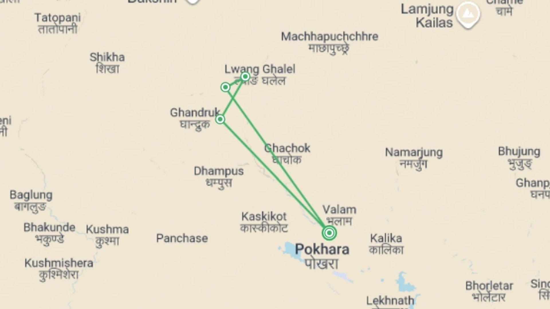 A map showing the tour itinerary for the trip: Mardi Himal Trek from Pokhara | Short Annapurna Trek, starting in Pokhara, Nepal and ending in Pokhara, Nepal going through 3 other destinations.