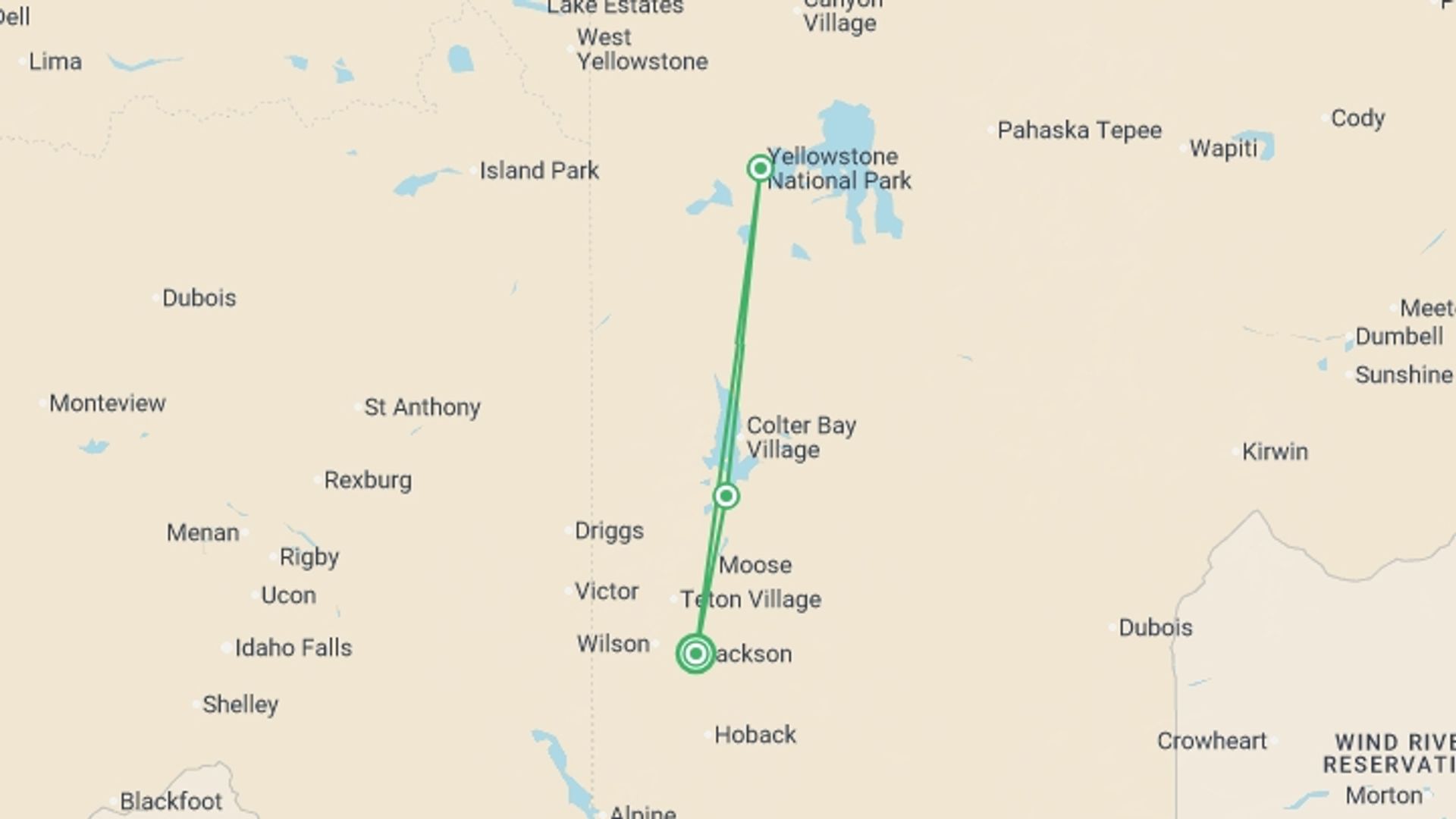 A map showing the tour itinerary for the trip: National Parks Family Journey: Yellowstone and Grand Teton, starting in Jackson, USA and ending in Jackson, USA going through 2 other destinations.