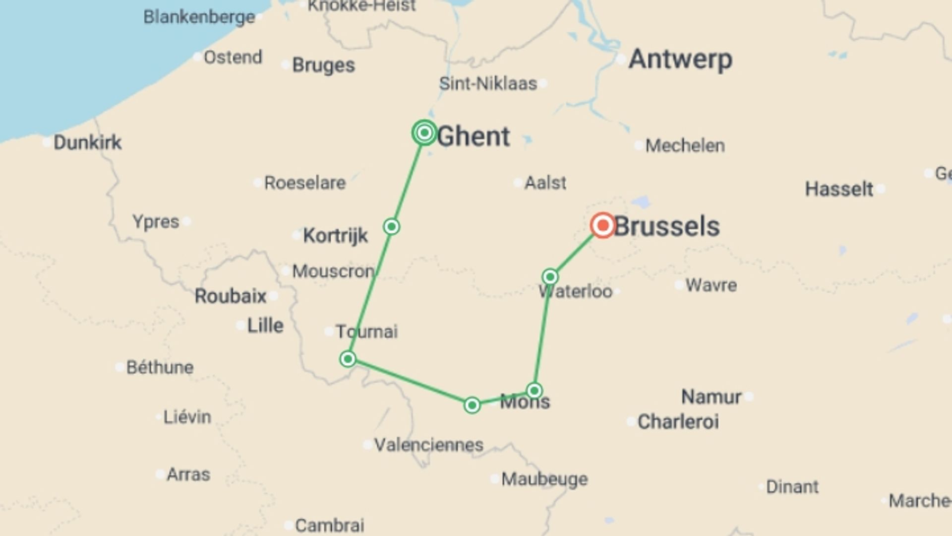 A map showing the tour itinerary for the trip: Indulge in Art, Heritage, and Flavors on a Cruise along Belgian Canals (port-to-port cruise), starting in Ghent, Belgium and ending in Brussels, Belgium going through 5 other destinations.