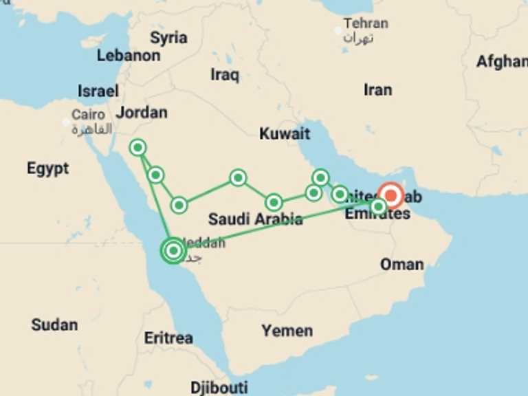 Map itinerary of Asia Tour in Winter with 11 destination visits for the trip: A Journey Through the Persian Gulf and Arabian Mysteries