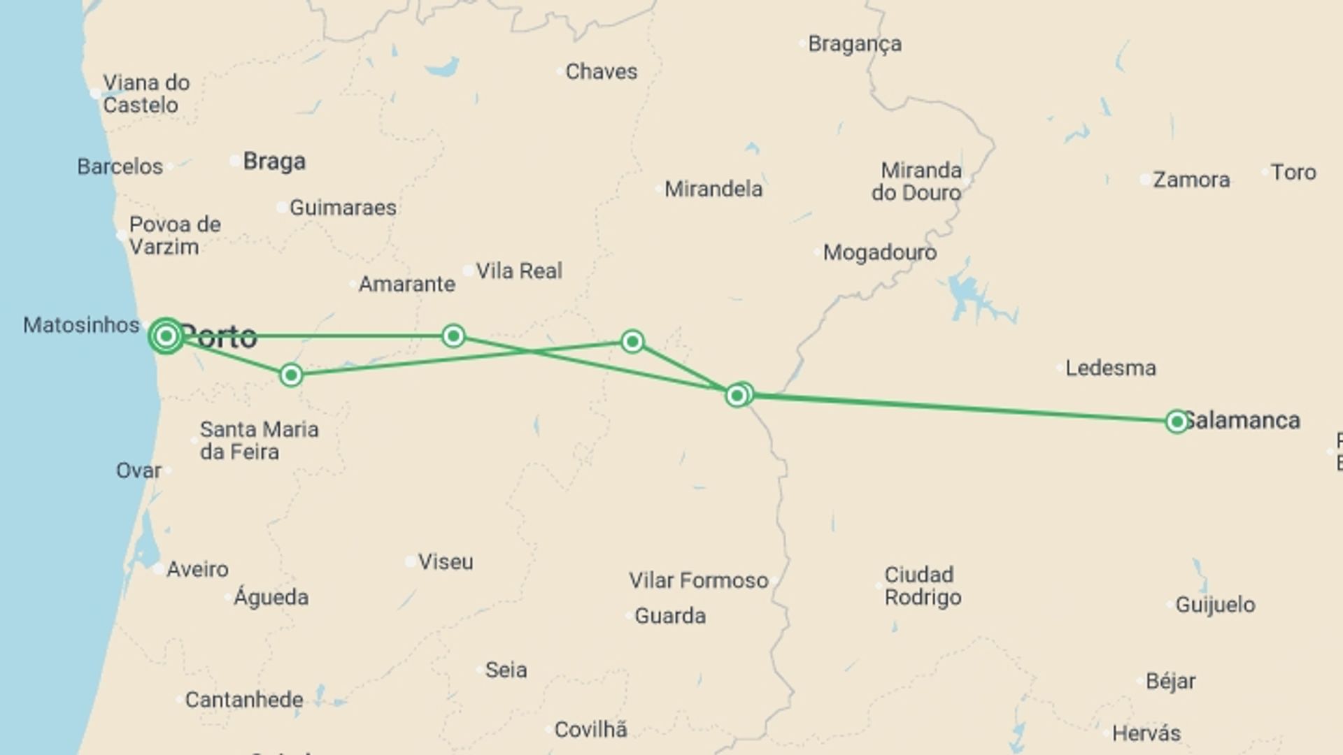A map showing the tour itinerary for the trip: Portugal, Land of the Explorers (port-to-port cruise), starting in Porto, Portugal and ending in Porto, Portugal going through 5 other destinations.