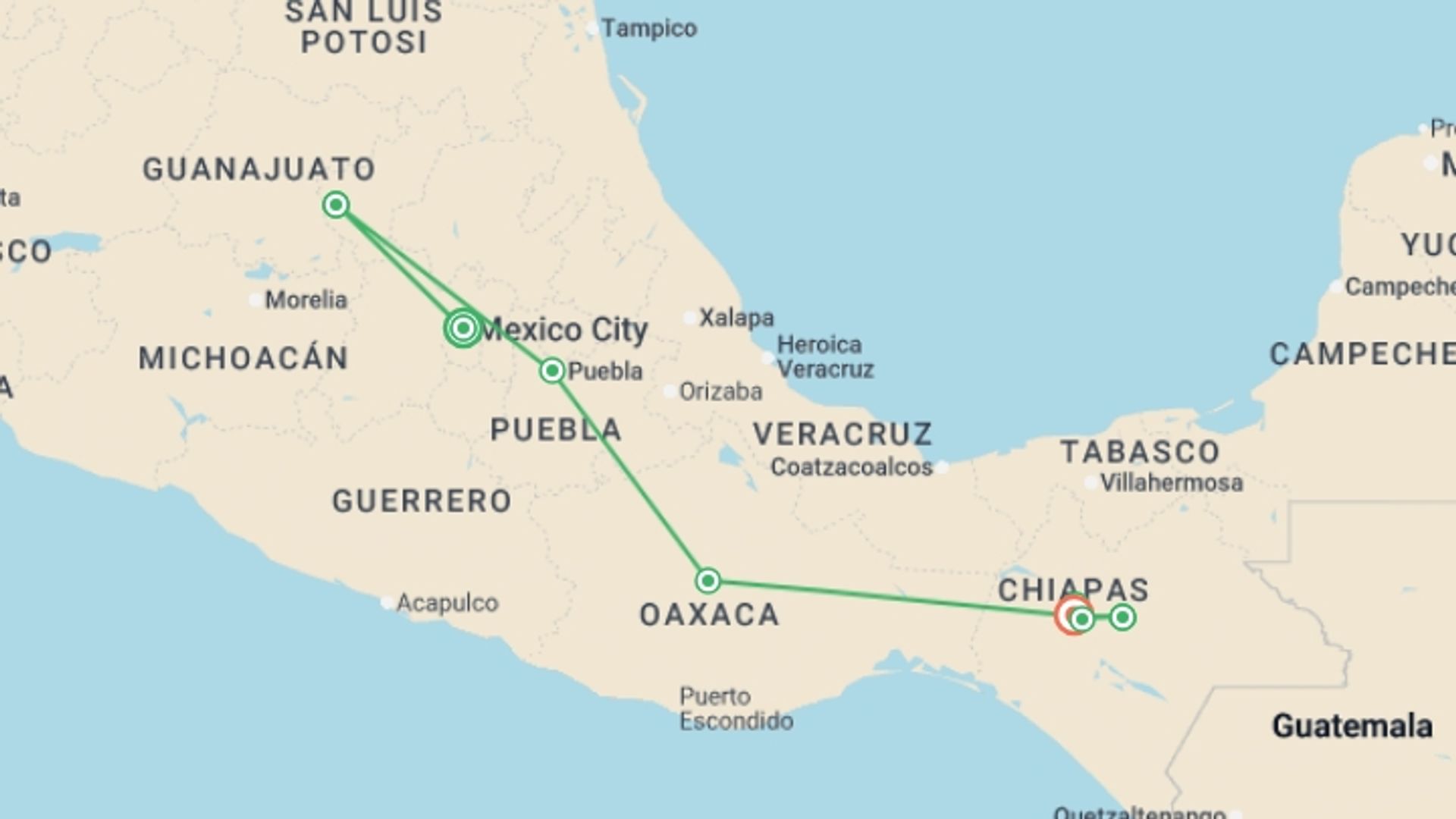 A map showing the tour itinerary for the trip: Mexican Contrasts, starting in Mexico City, Mexico and ending in Tuxtla Gutiérrez, Mexico going through 4 other destinations.