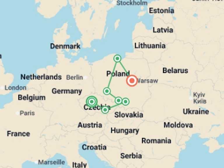 Map itinerary of Europe Tour in June 2026 with 7 destination visits for the trip: Czechia and Full Poland