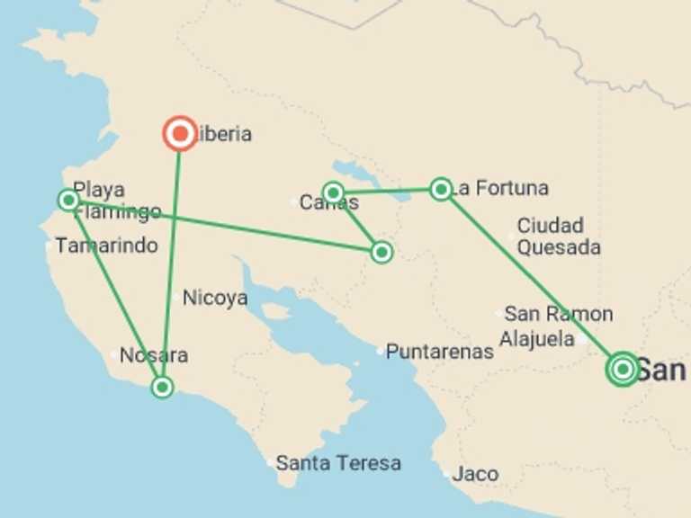 Map of 8-Day South America Tour with 7 destination visits for the trip: Costa Rica Active Escape