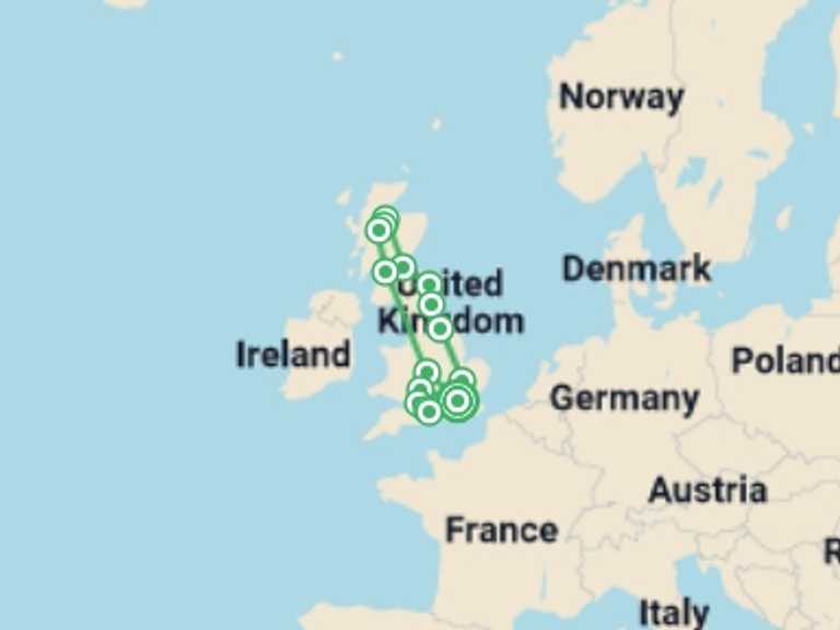 Map of 9-Day London Tour with 6 destination visits for the trip: London, Scotland, and Southern England