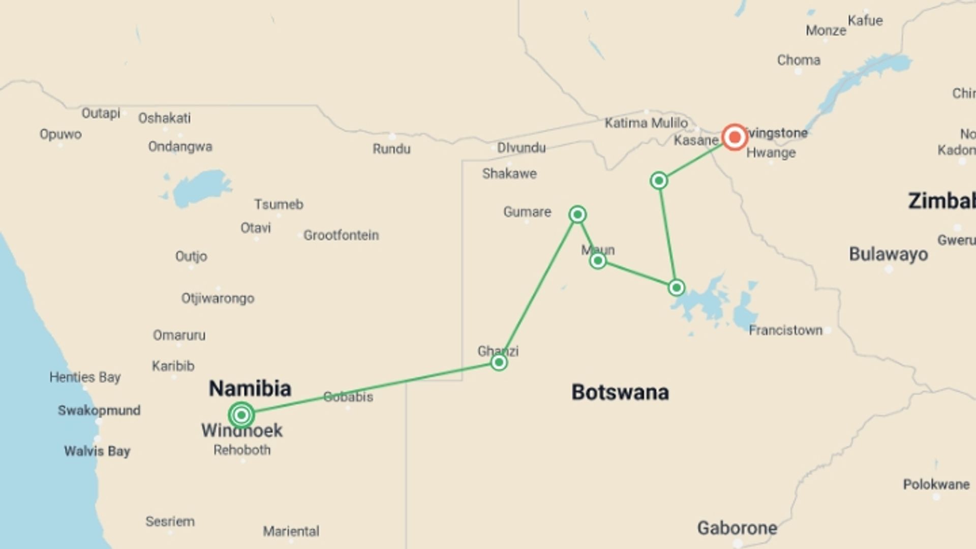 A map showing the tour itinerary for the trip: Botswana Adventure, starting in Windhoek, Namibia and ending in Victoria Falls, Zimbabwe going through 5 other destinations.