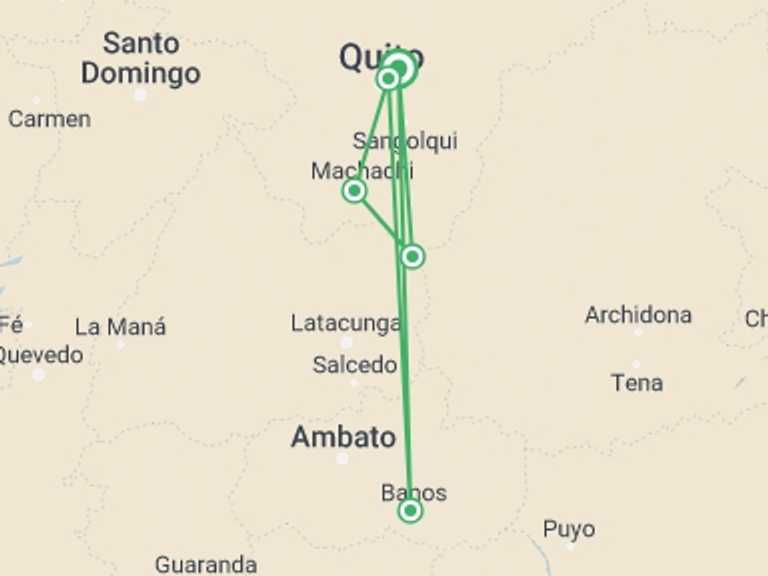 Map of a Waterfalls Tour with 5 destination visits for the trip: 3-Day Trip to Cotopaxi, Quilotoa & Baños on the Andes