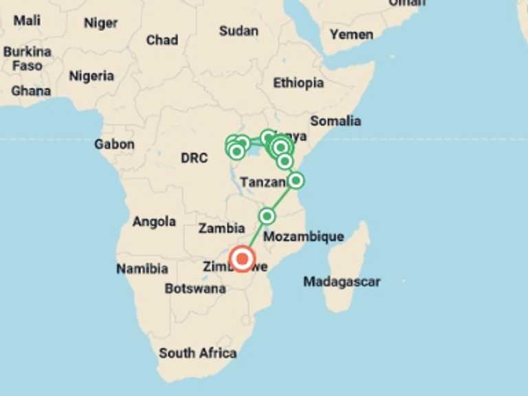Map itinerary of East Africa Tour in Summer with 11 destination visits for the trip: Nairobi To Harare (44 Days) Apes & Lakes