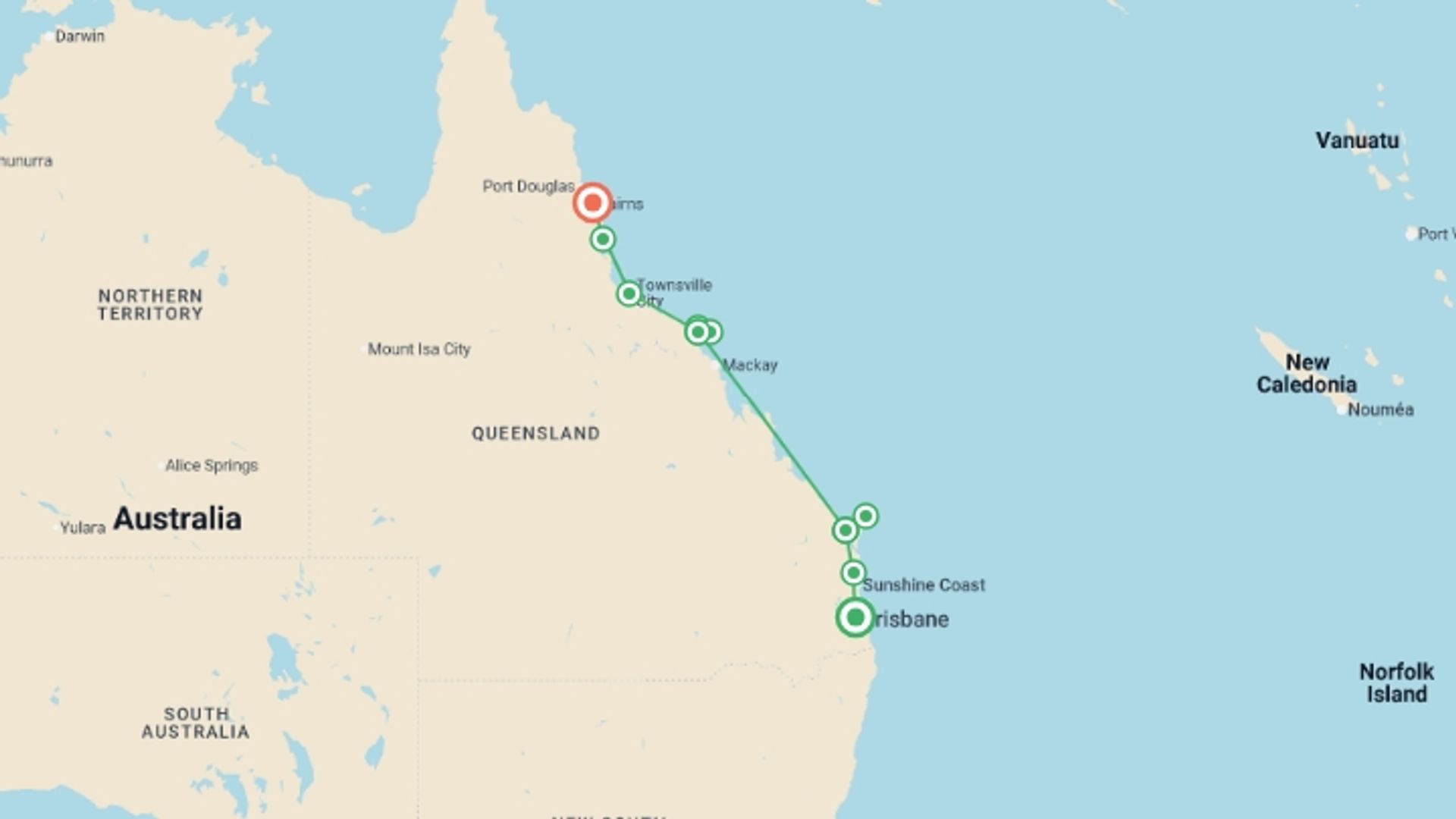 A map showing the tour itinerary for the trip: Brisbane to Cairns Adventure, starting in Brisbane, Australia and ending in Cairns, Australia going through 4 other destinations.