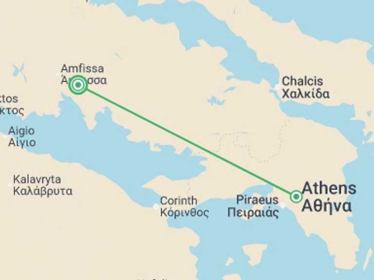 Map itinerary of Greece Tour in October 2026 with 2 destination visits for the trip: 2 Days Delphi Tour