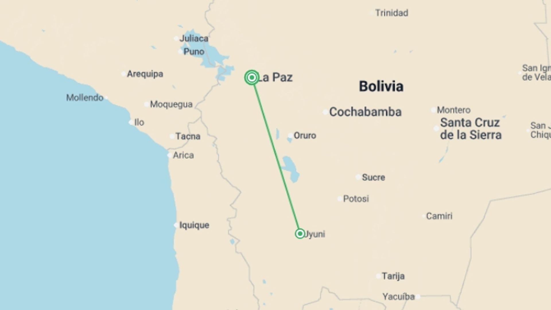 A map showing the tour itinerary for the trip: Uyuni Salt Flats Air-Expedition 4D/3N (Budget), starting in La Paz, Bolivia and ending in La Paz, Bolivia going through 1 other destinations.