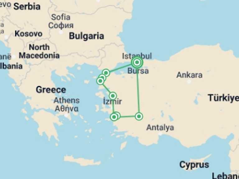Map itinerary of Turkey Tour in September 2025 with 4 destination visits for the trip: Istanbul, Gallipoli, Troy, Pergamon, Ephesus & Pamukkale, Private Tour