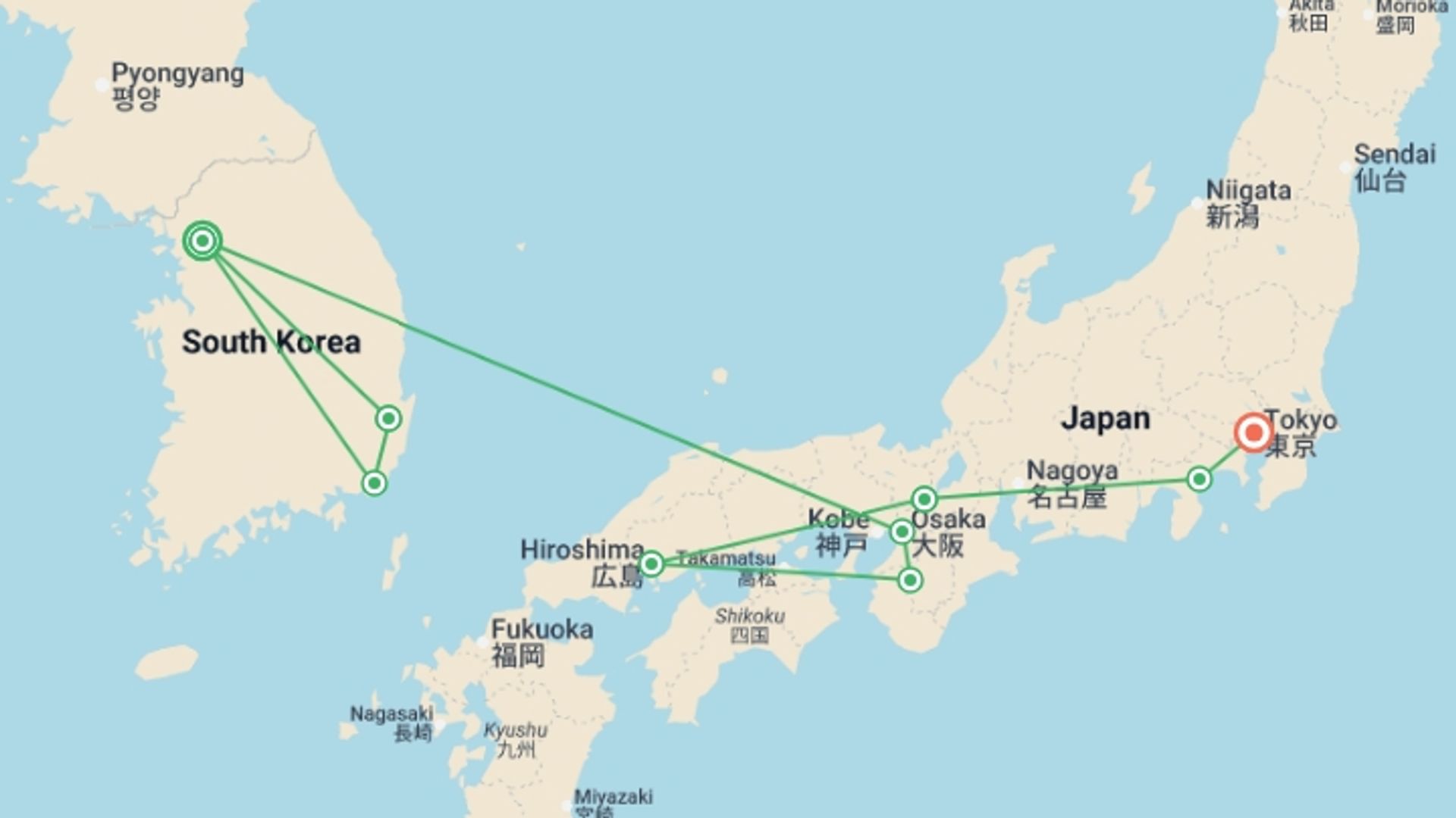 A map showing the tour itinerary for the trip: Korea & Japan Encompassed, starting in Seoul, South Korea and ending in Tokyo, Japan going through 7 other destinations.