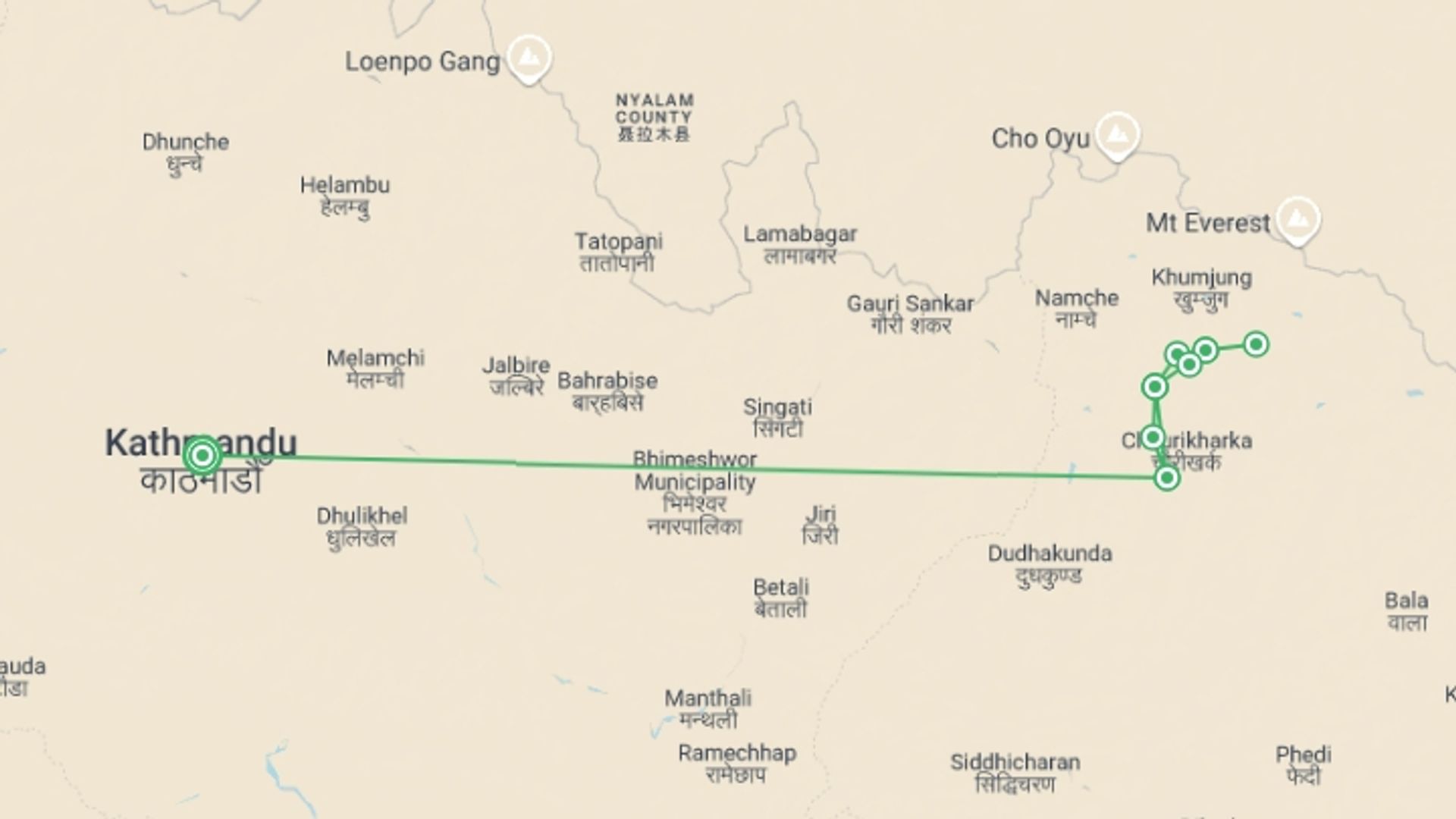 A map showing the tour itinerary for the trip: Ama Dablam Base Camp Trek, starting in Kathmandu, Nepal and ending in Kathmandu, Nepal going through 7 other destinations.