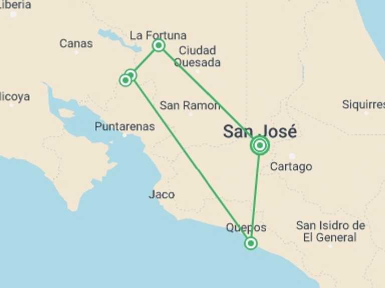 Map of San Jose Rainforest and jungle visits Tour with 5 destination visits for the trip: Premium Costa Rica