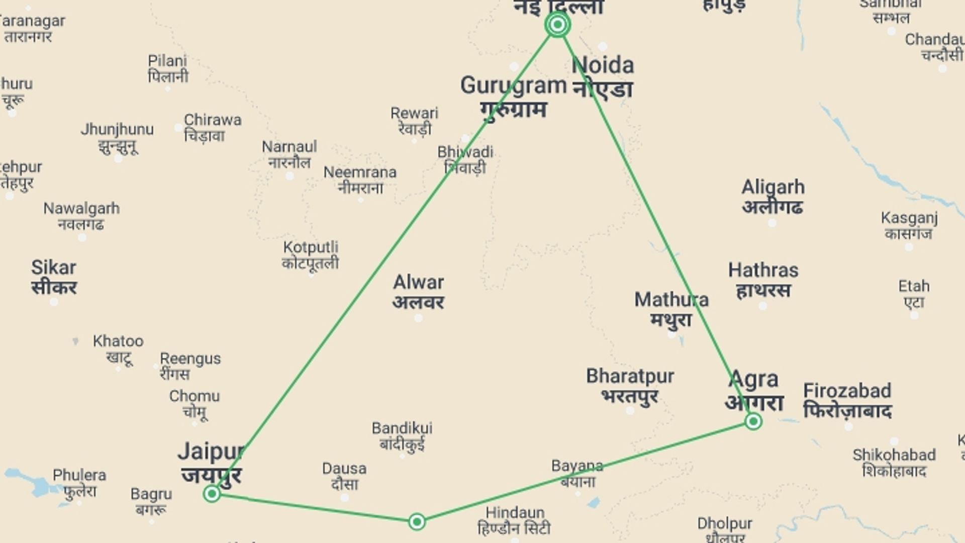A map showing the tour itinerary for the trip: India's Golden Triangle, starting in New Delhi, India and ending in New Delhi, India going through 3 other destinations.
