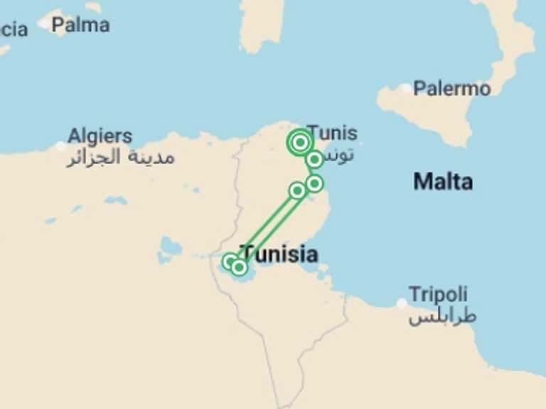 Map itinerary of Africa Tour in February 2027 with 4 destination visits for the trip: The Best Of Tunisia & All-inclusive Beach Extension (stay Connected), Small Group Tour