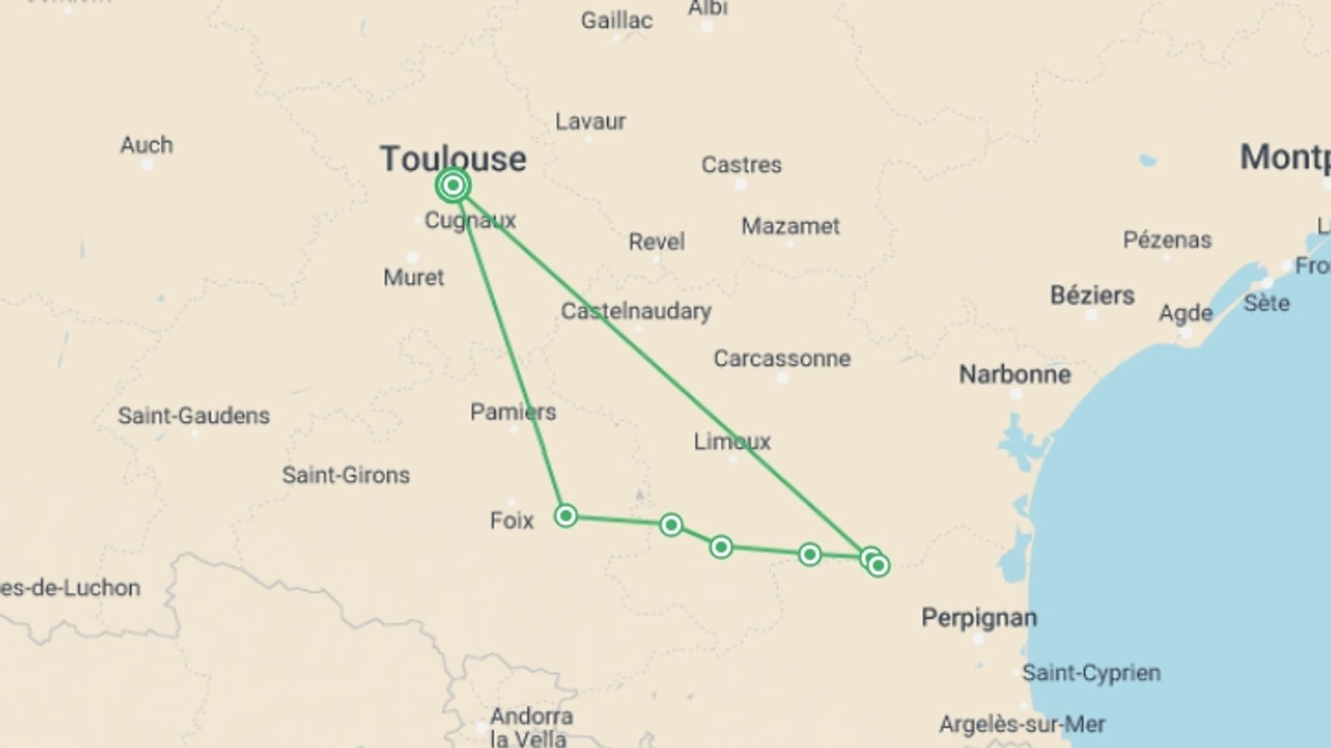 A map showing the tour itinerary for the trip: The Crusader Trail - Cathar Castles Walk, starting in Toulouse, France and ending in Toulouse, France going through 5 other destinations.