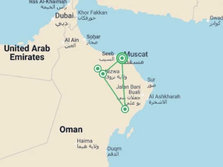 Map itinerary of Asia Tour in December 2026 with 4 destination visits for the trip: Mountains, Deserts and Coast of Oman