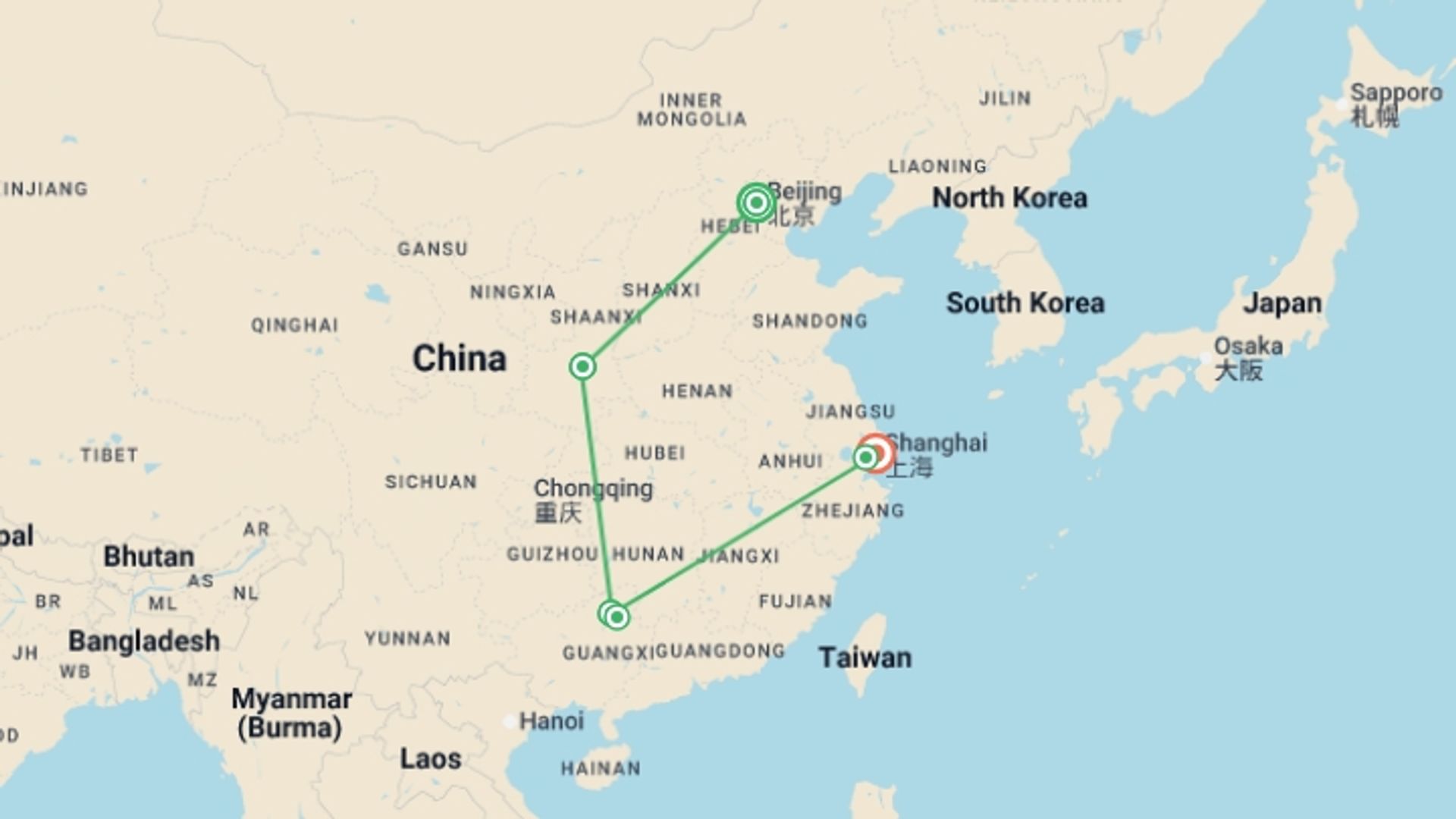 A map showing the tour itinerary for the trip: Classic China Discovery, starting in Beijing, China and ending in Shanghai, China going through 2 other destinations.