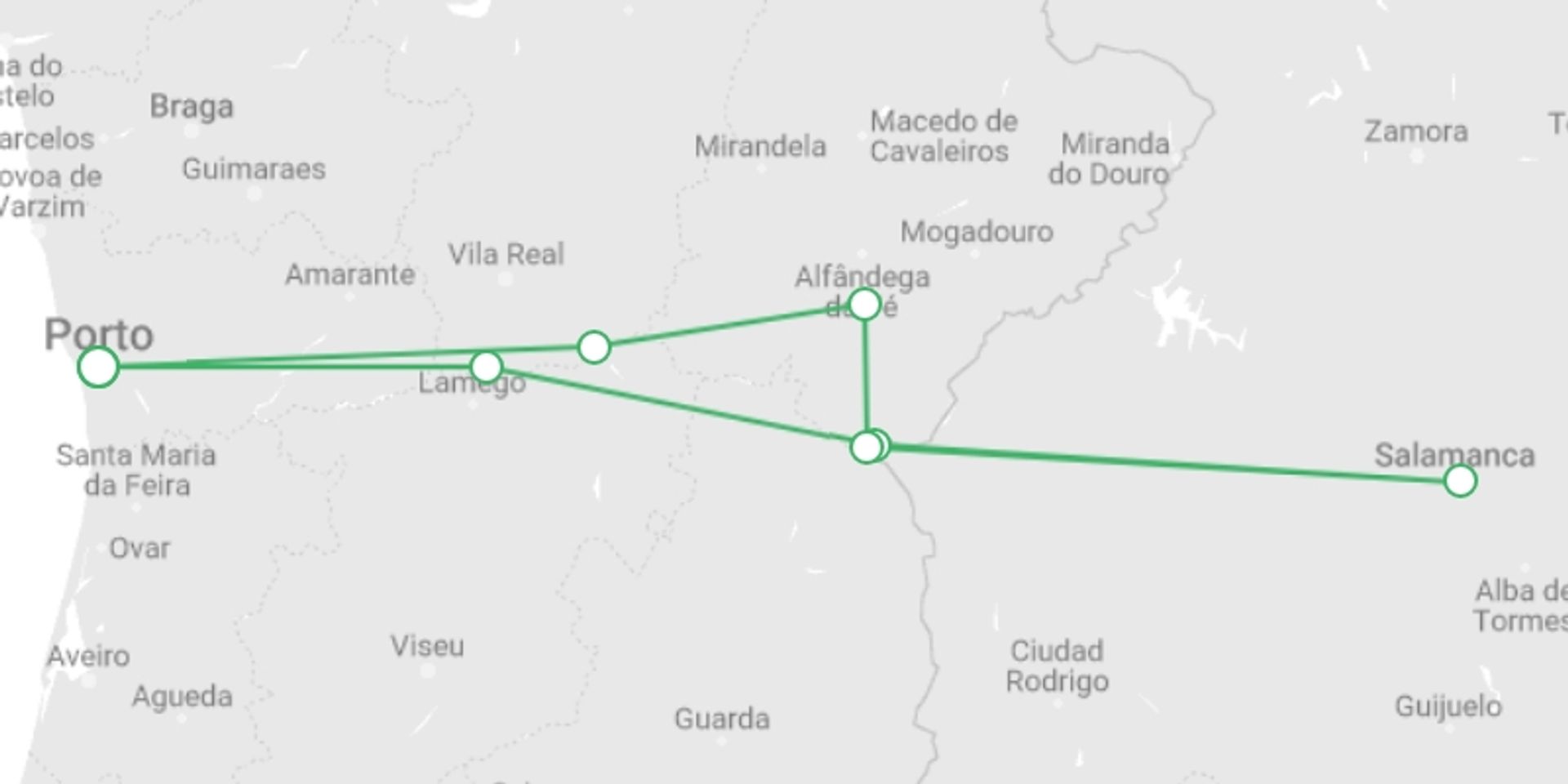 A map showing the tour itinerary for the trip: From Portugal to Spain: Porto, the Douro Valley (Portugal) and Salamanca (Spain) (port-to-port cruise), starting in undefined, Portugal and ending in undefined, Portugal going through 1 other destinations.