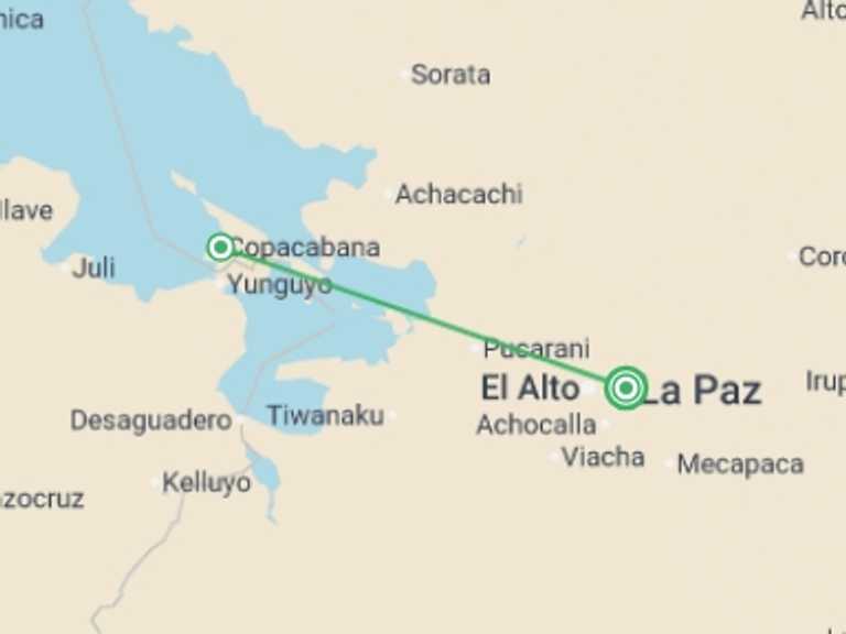 Map itinerary of La Paz Tour in Fall with 2 destination visits for the trip: Lake Titicaca & Isla del Sol Adventure 2D/1N (La Paz to La Paz)