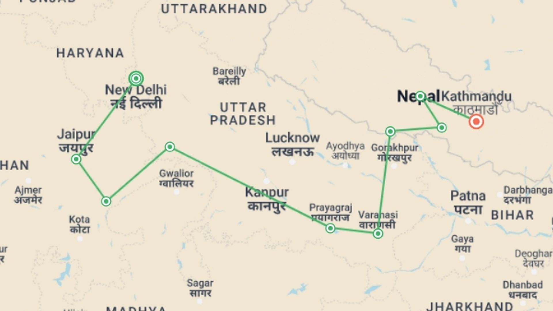 A map showing the tour itinerary for the trip: Delhi to Kathmandu, starting in New Delhi, India and ending in Kathmandu, Nepal going through 8 other destinations.