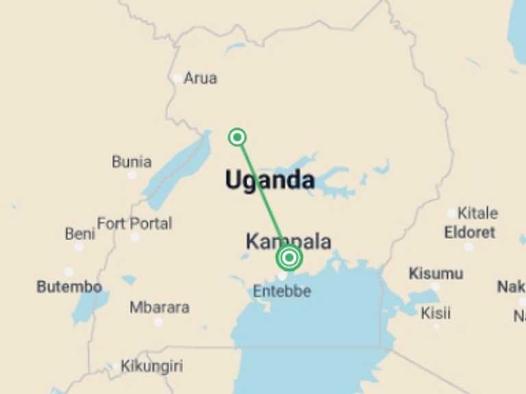 Map of a Wildlife safaris and game drives Tour with 2 destination visits for the trip: 3-Day Trip To Murchison Falls