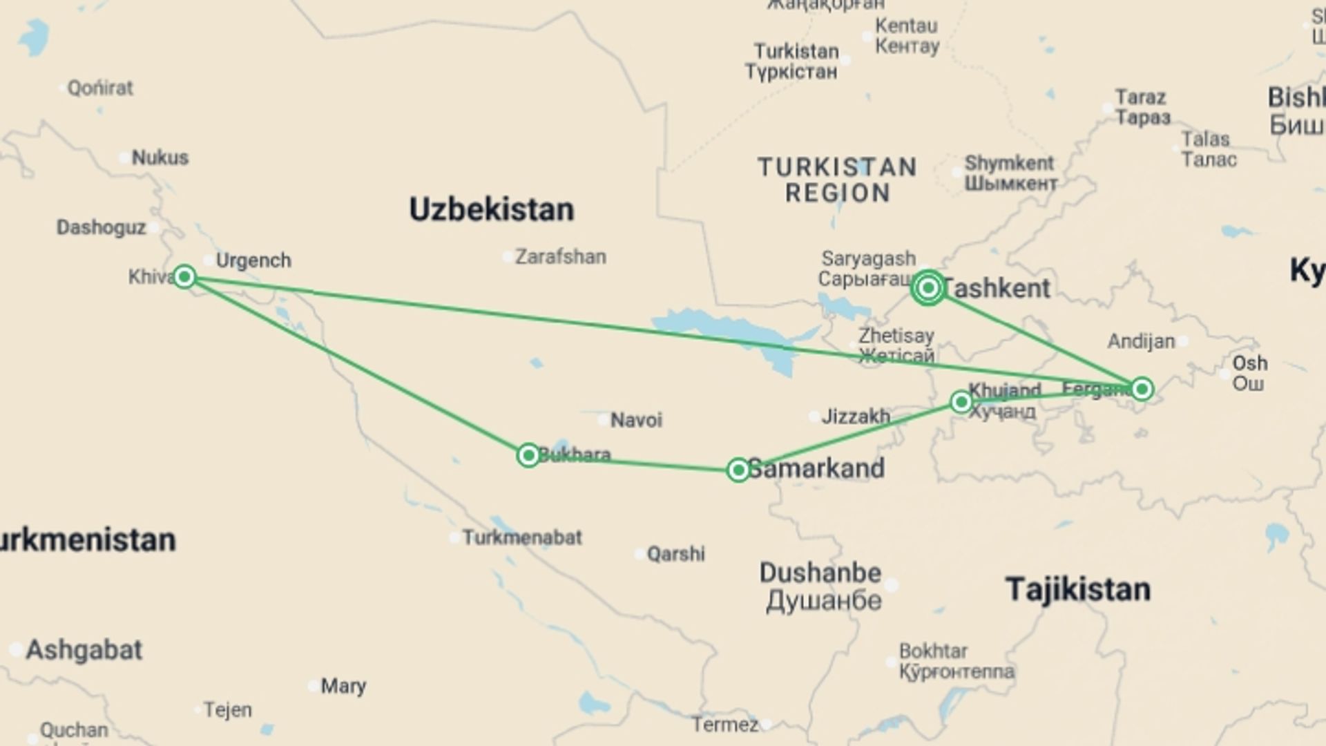 A map showing the tour itinerary for the trip: Tamerlane's Empire, starting in Tashkent, Uzbekistan and ending in Tashkent, Uzbekistan going through 5 other destinations.