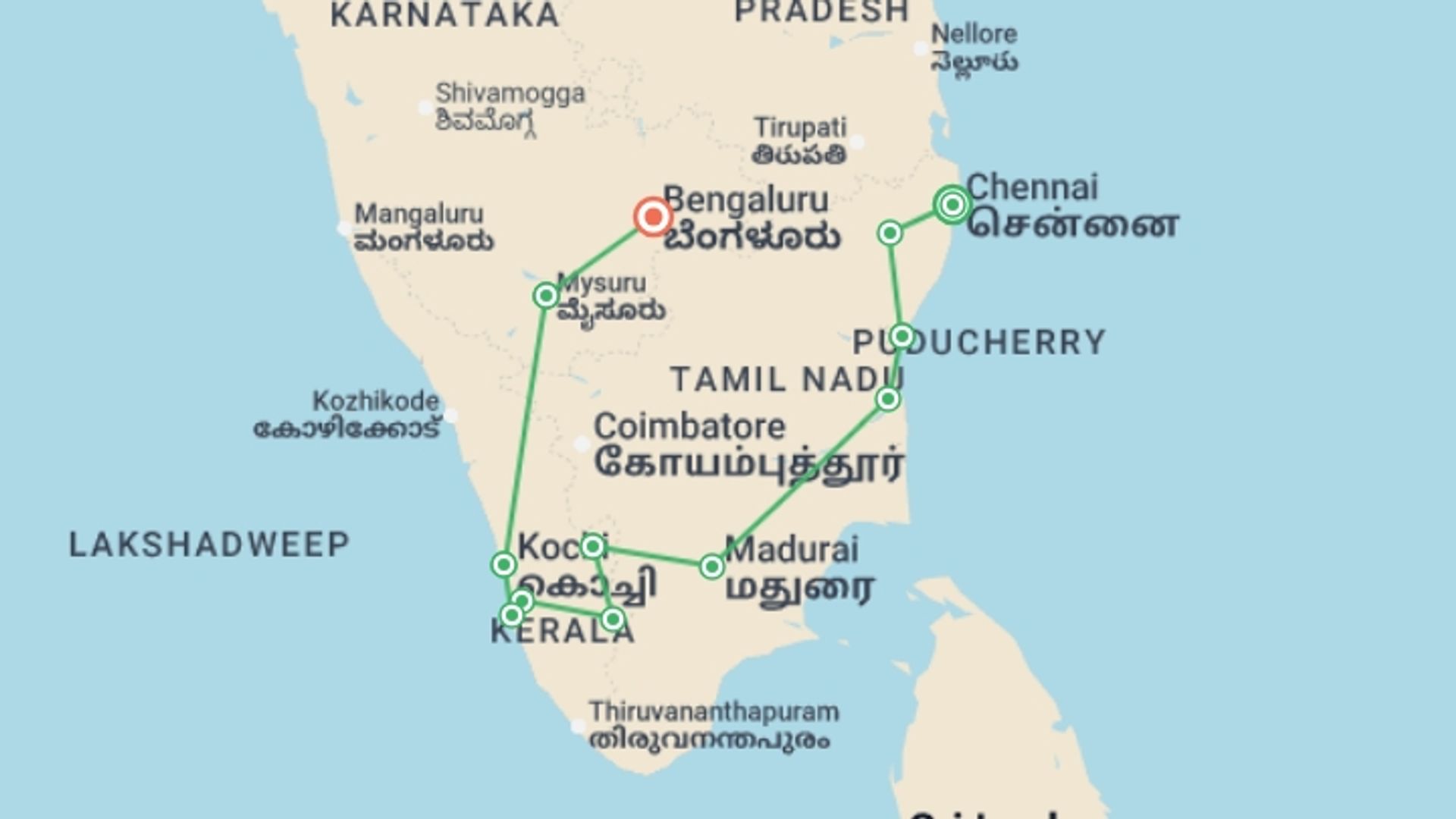 A map showing the tour itinerary for the trip: Chennai to Bangalore (4 Star) - 18 days, starting in Chennai, India and ending in Bangalore, India going through 10 other destinations.