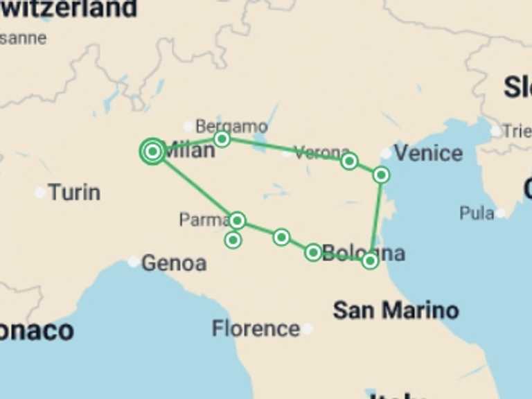 Map of Italy Tour with 5 destination visits for the trip: A Taste of Medieval Italy