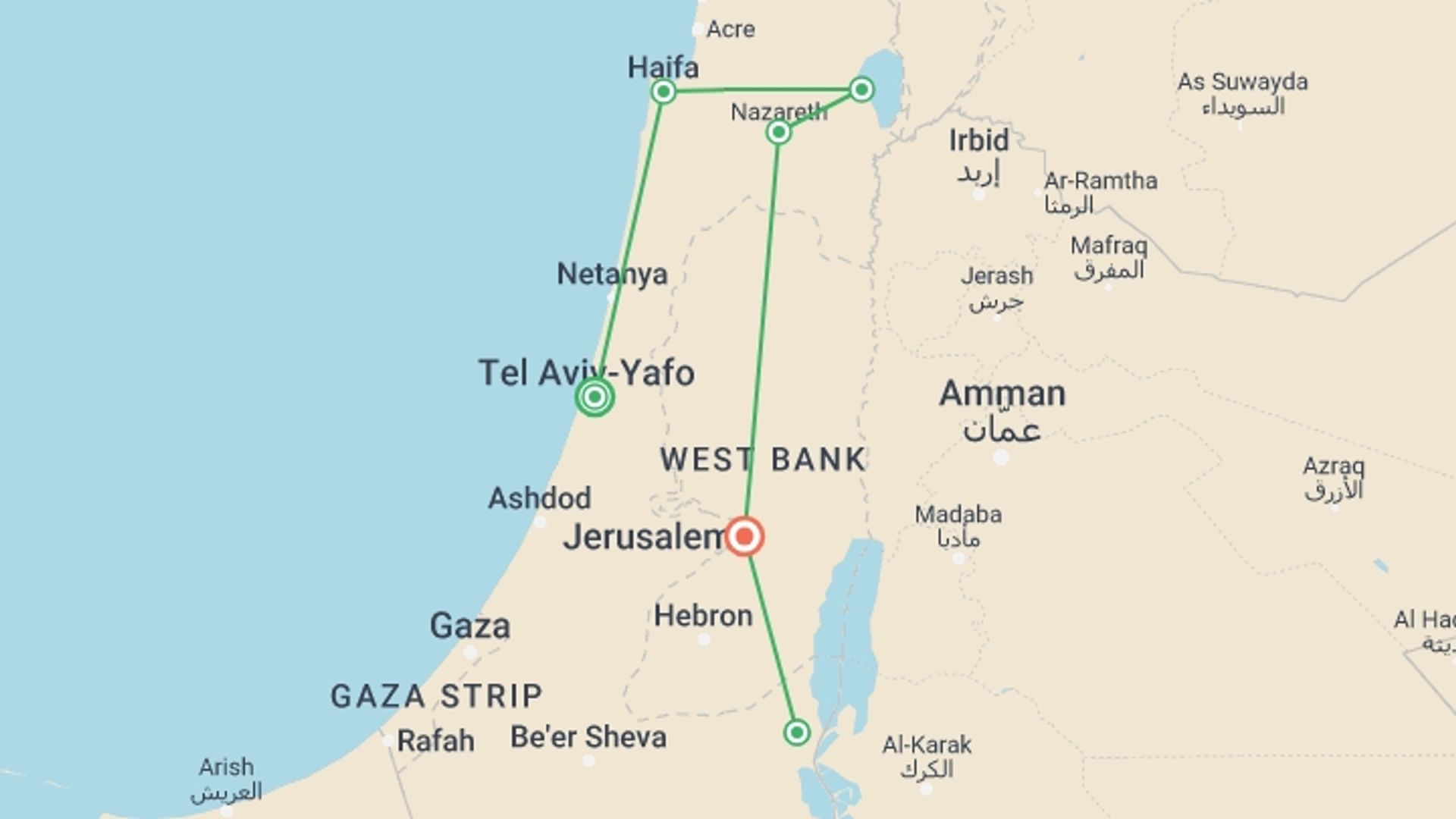 A map showing the tour itinerary for the trip: Biblical Israel, starting in Tel Aviv, Israel and ending in Jerusalem, Israel going through 4 other destinations.