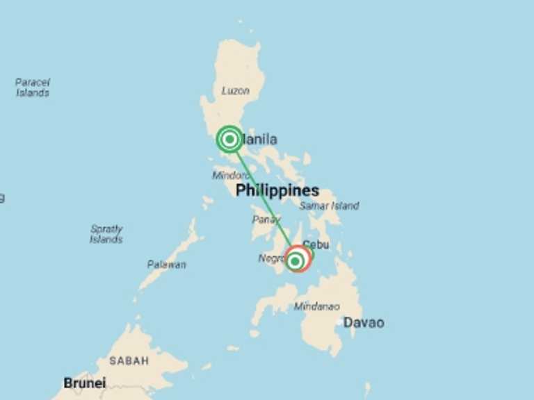 Map of Philippines Tour with 4 destination visits for the trip: Manila, Bohol & Panglao Adventure 8D/7N